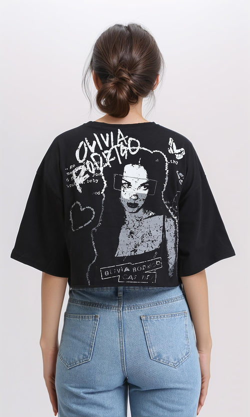 R207783 - Slip On Elbow Sleeves Printed Tee - Black