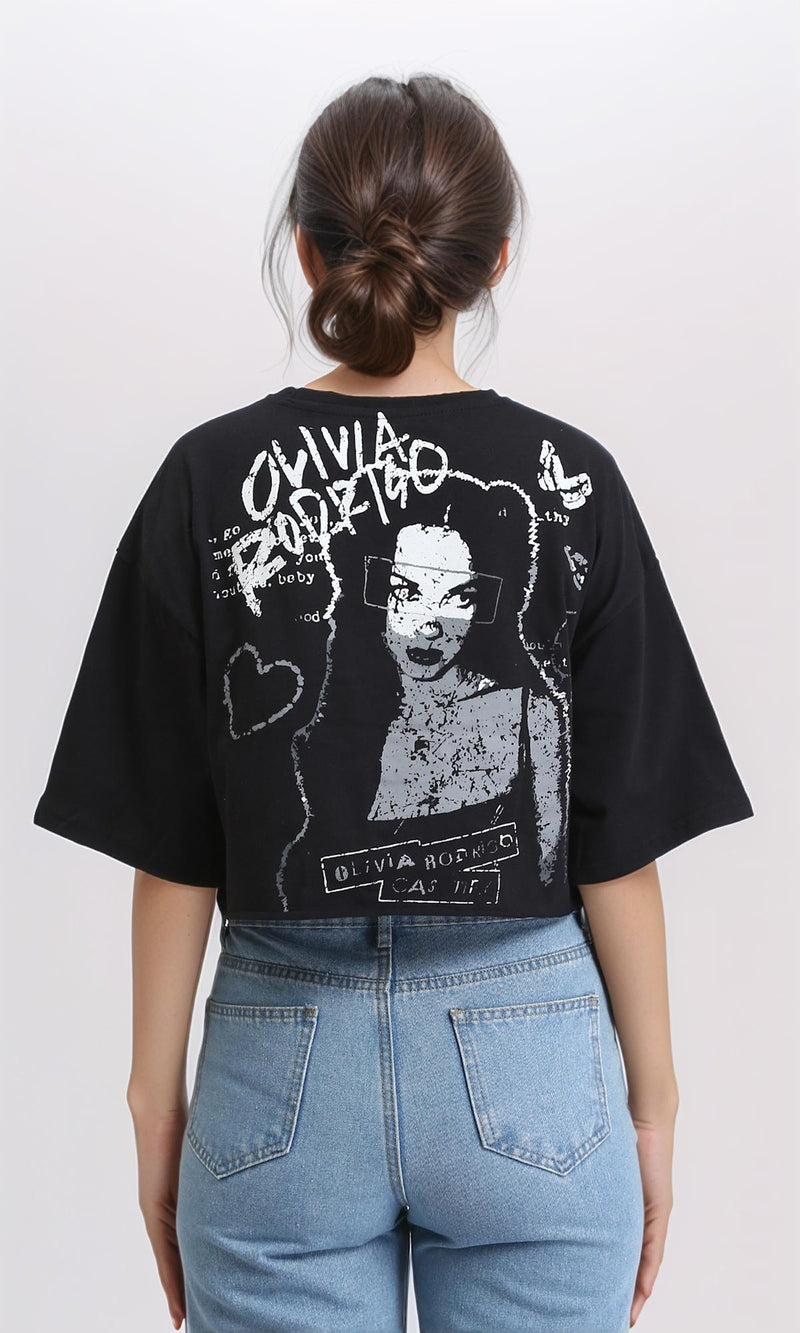 R207783 - Slip On Elbow Sleeves Printed Tee - Black