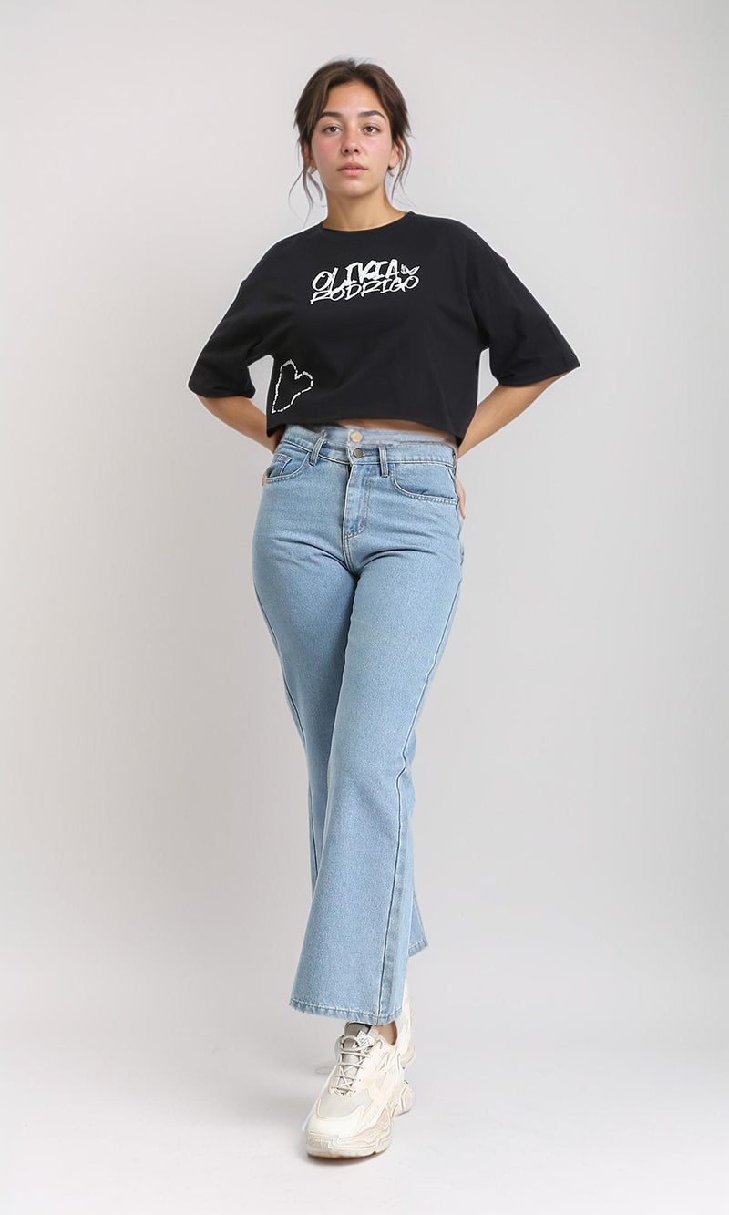 R207783 - Slip On Elbow Sleeves Printed Tee - Black