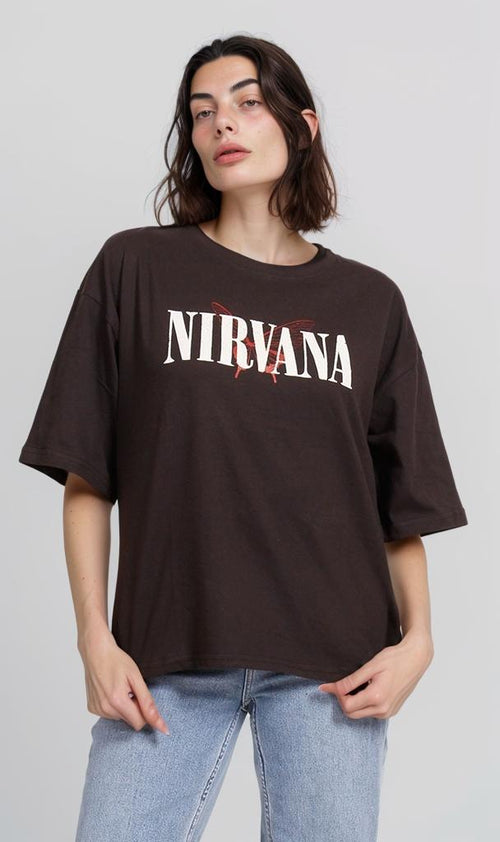 Graphic Printed Oversized T-Shirt - Black (nirvana Heart Print)