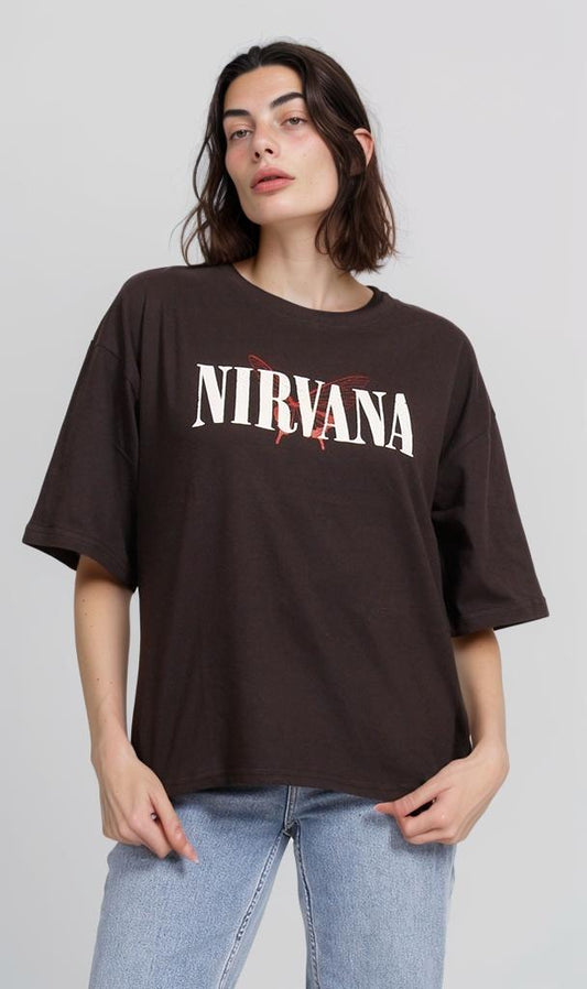 R207785 - Graphic Printed Oversized T-Shirt - Black (Nirvana Heart Print)