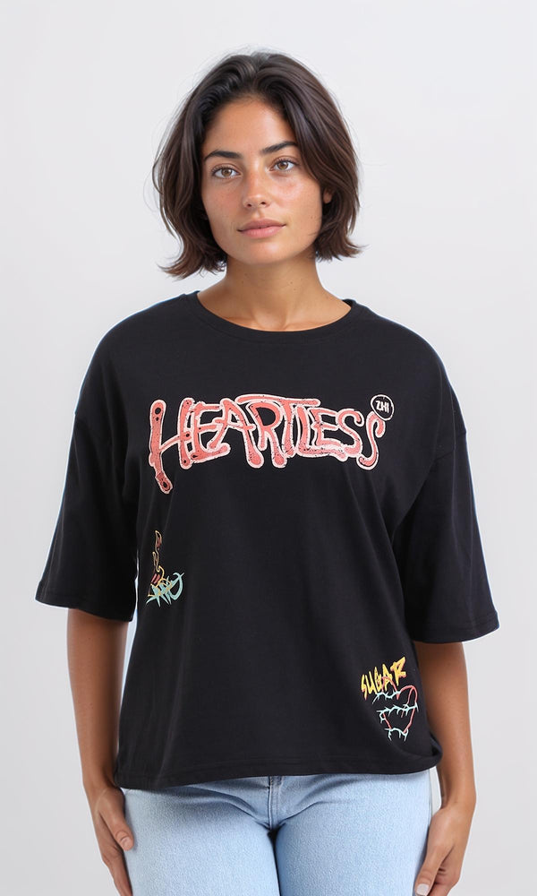 R207786-"Heartless" Printed Relaxed Tee - Black