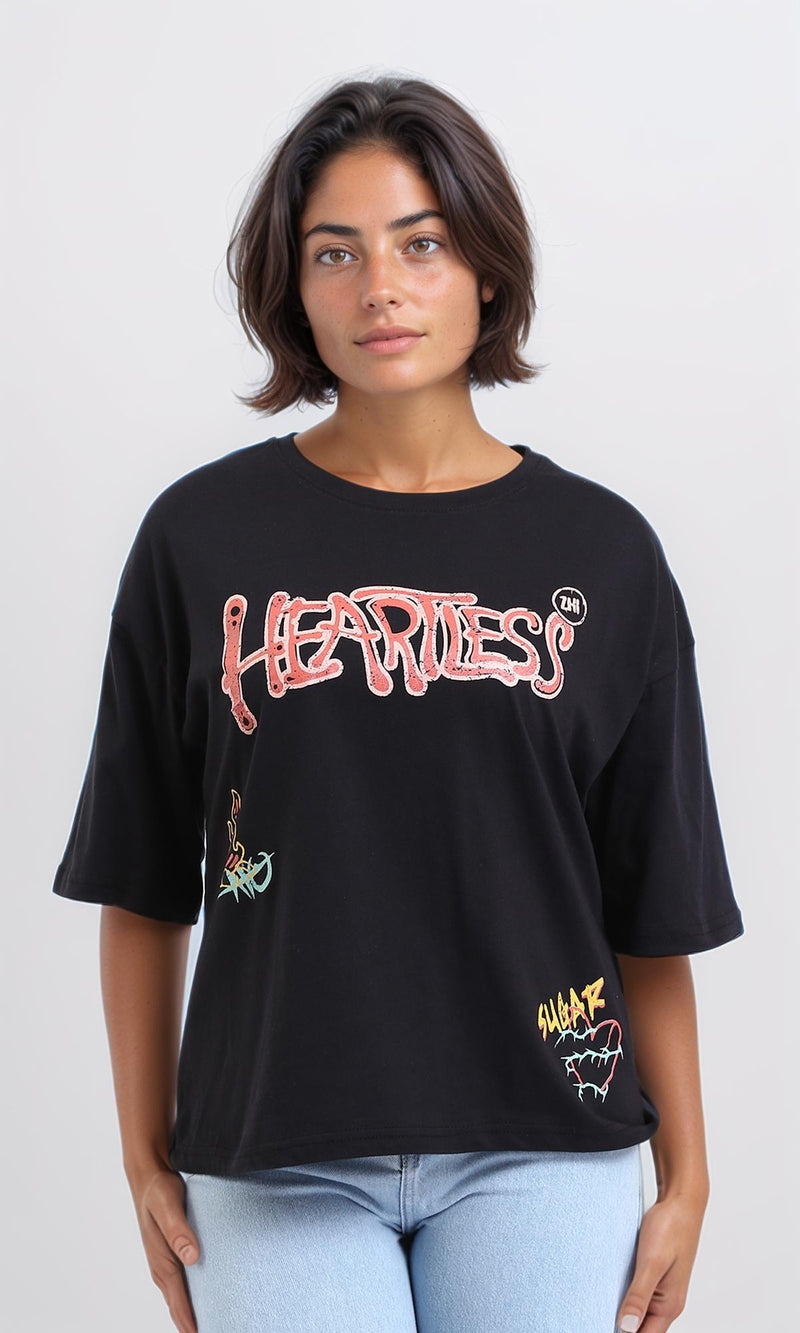 R207786-"Heartless" Printed Relaxed Tee - Black