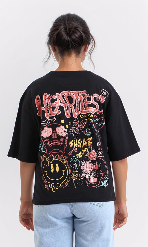 R207786-"Heartless" Printed Relaxed Tee - Black
