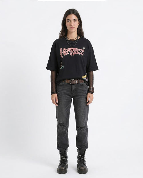 Ravin Unisex Oversized "Heartless" Graphic Tee – Acid Grunge Series - Black - R207786