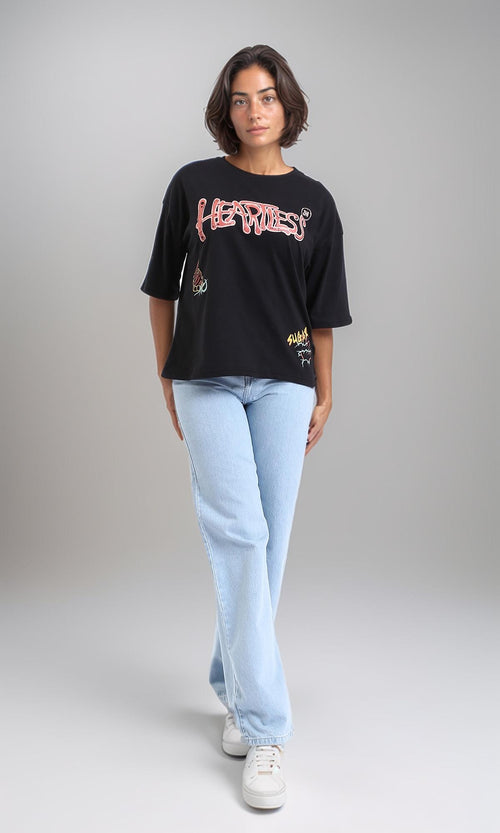 R207786-"Heartless" Printed Relaxed Tee - Black
