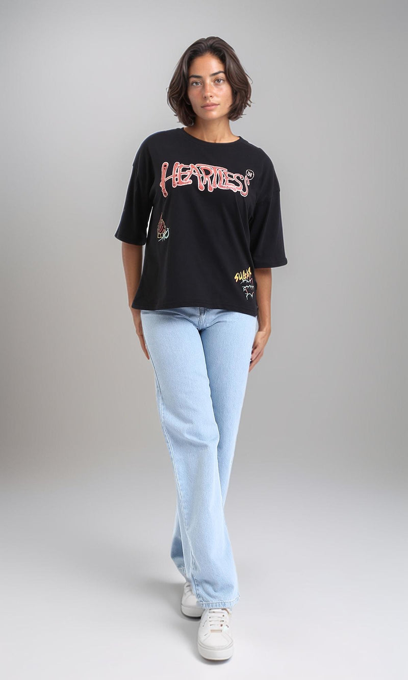 R207786-"Heartless" Printed Relaxed Tee - Black