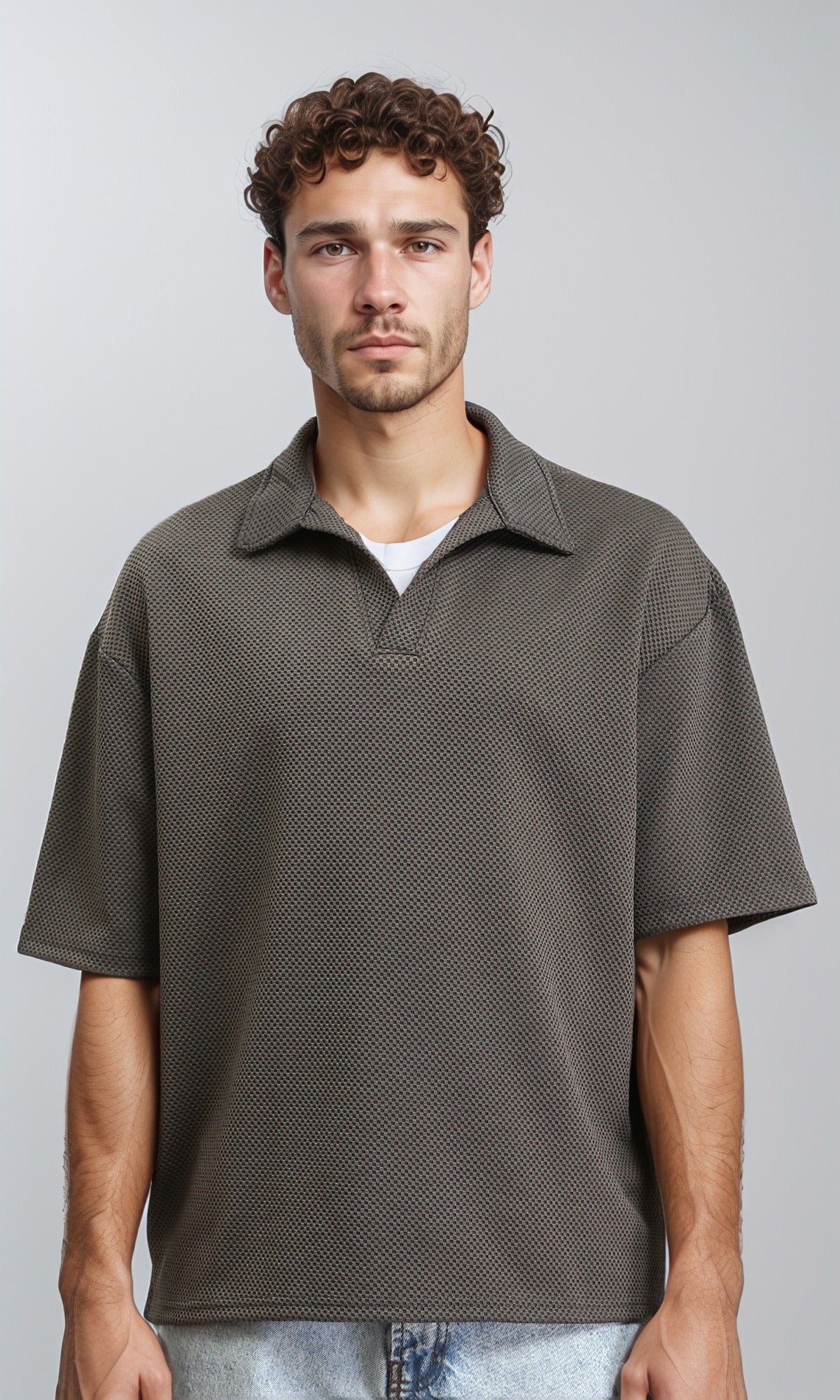 Open Neck Elbow Sleeves Polo Shirt - Dark Grey