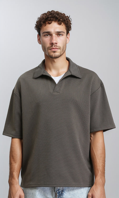 Open Neck Elbow Sleeves Polo Shirt - Dark Grey