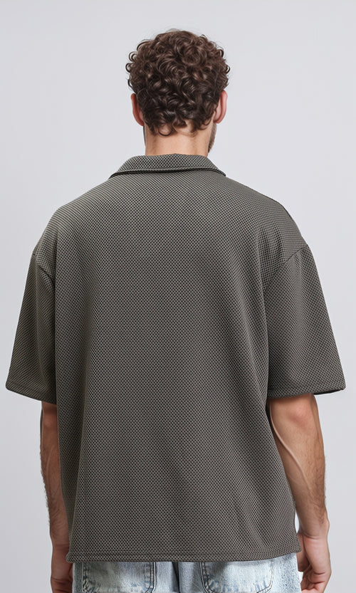R207829 - Open Neck Elbow Sleeves Polo Shirt - Dark Grey