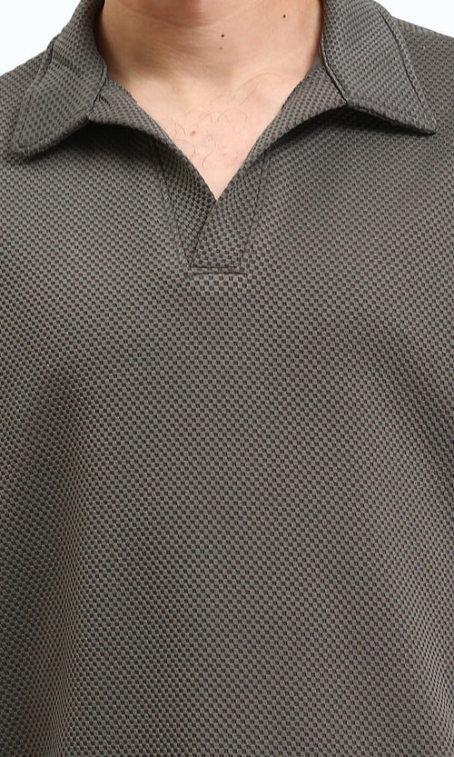 R207829 - Open Neck Elbow Sleeves Polo Shirt - Dark Grey