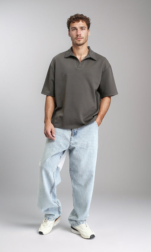 R207829 - Open Neck Elbow Sleeves Polo Shirt - Dark Grey