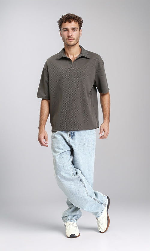 R207829 - Open Neck Elbow Sleeves Polo Shirt - Dark Grey