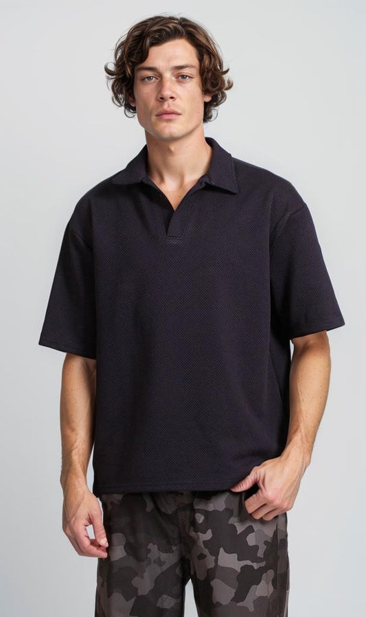 R207831 - Textured Waffle Polo Shirt - Navy Blue