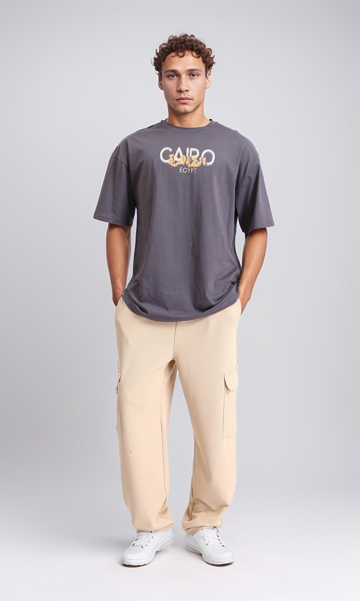 R207833 - "Cairo" Printed Elbow Sleeves Tee - Dark Grey