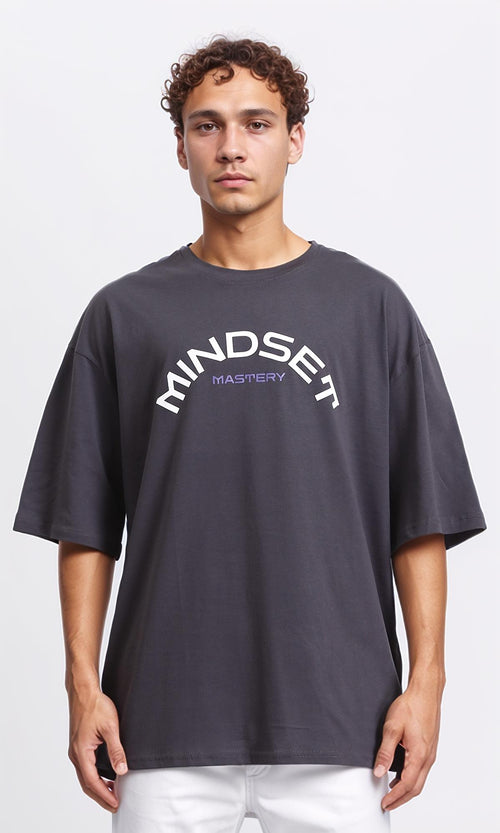 R207834 - Cotton"Mindset" Printed Loose Tee - Dark Grey