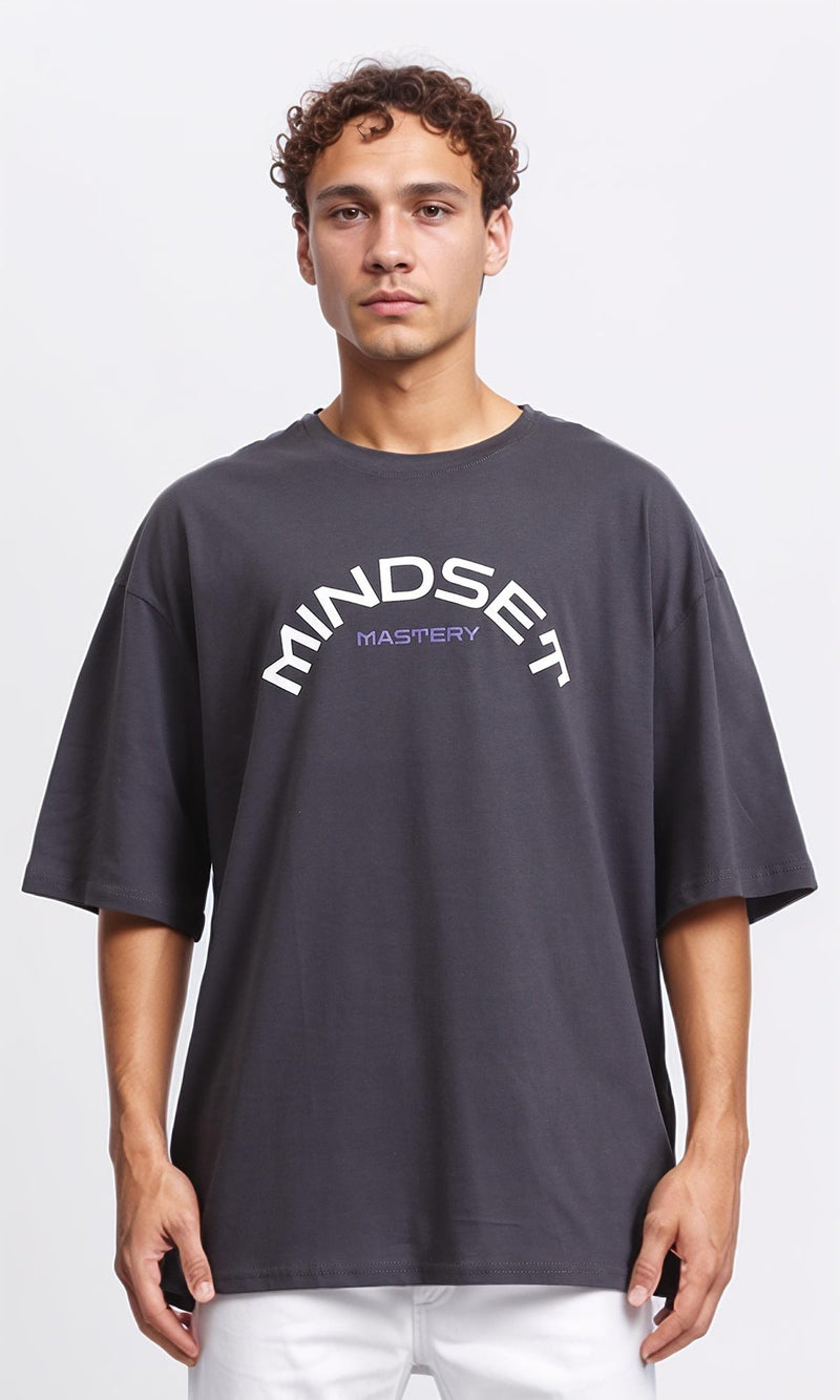 R207834 - Cotton"Mindset" Printed Loose Tee - Dark Grey