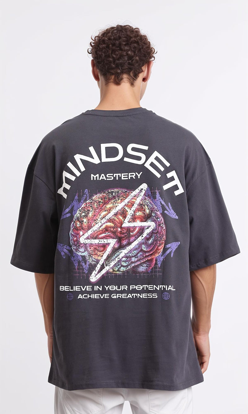 R207834 - Cotton"Mindset" Printed Loose Tee - Dark Grey