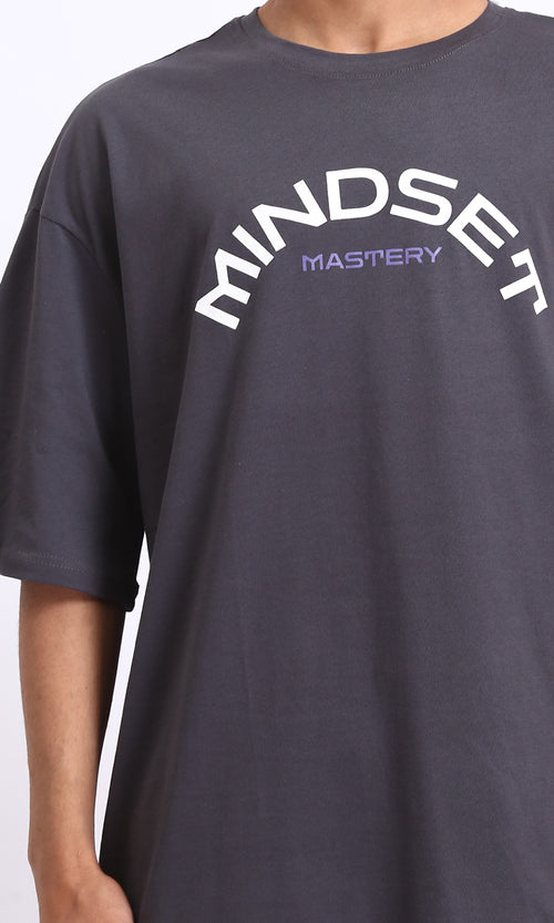 R207834 - Cotton"Mindset" Printed Loose Tee - Dark Grey