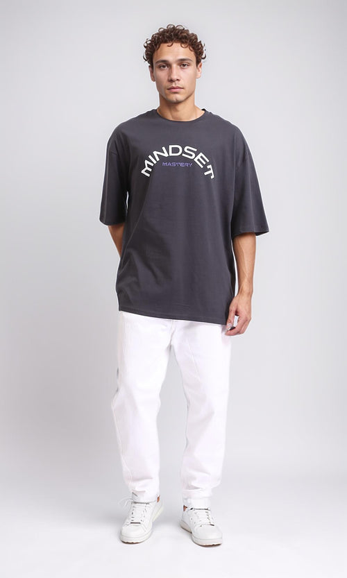 R207834 - Cotton"Mindset" Printed Loose Tee - Dark Grey