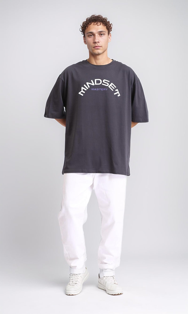 R207834 - Cotton"Mindset" Printed Loose Tee - Dark Grey