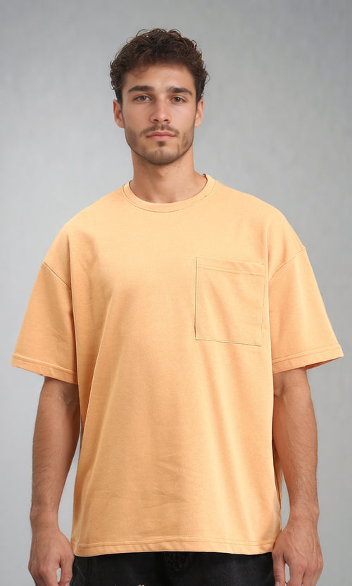 Round Neck Solid Tee with Front Pocket - Light Orange