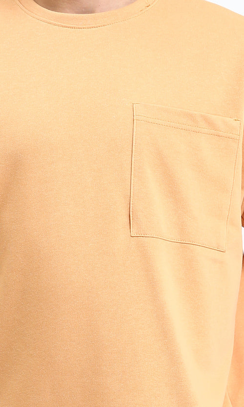 R207837 - Round Neck Solid Tee with Front Pocket - Light Orange