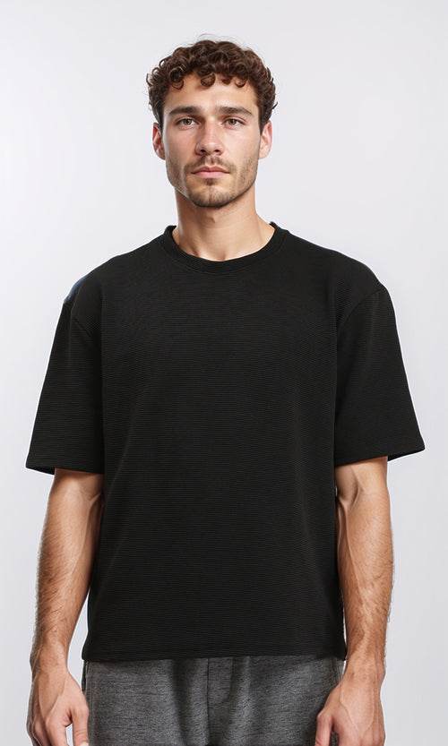 R207842 - Ribbed Round Neck Relaxed Tee - Black