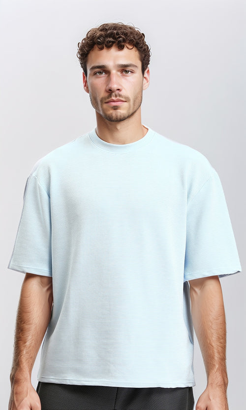 R207843 - Ribbed Round Neck Cotton Tee - Pastel Blue