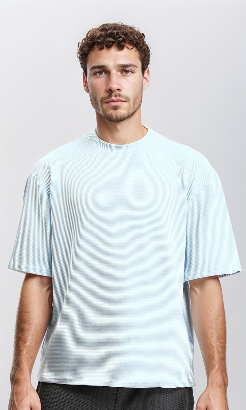 R207843 - Ribbed Round Neck Cotton Tee - Pastel Blue