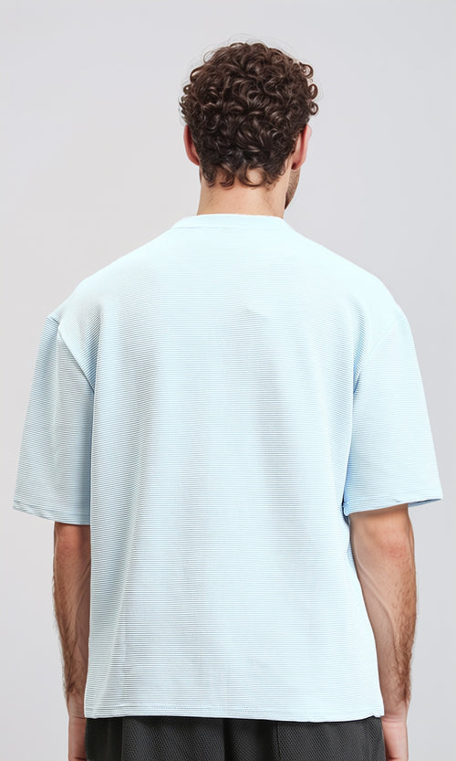 R207843 - Ribbed Round Neck Cotton Tee - Pastel Blue