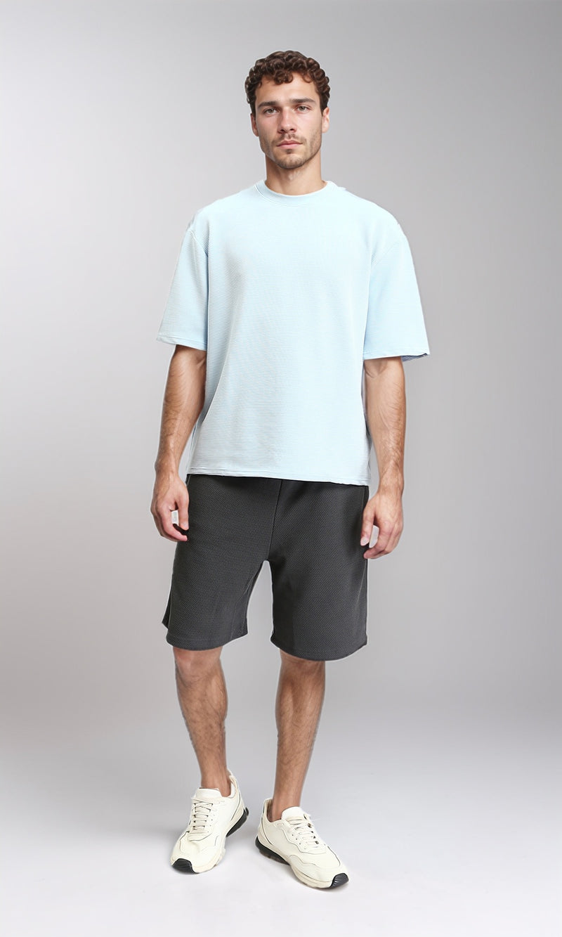 R207843 - Ribbed Round Neck Cotton Tee - Pastel Blue