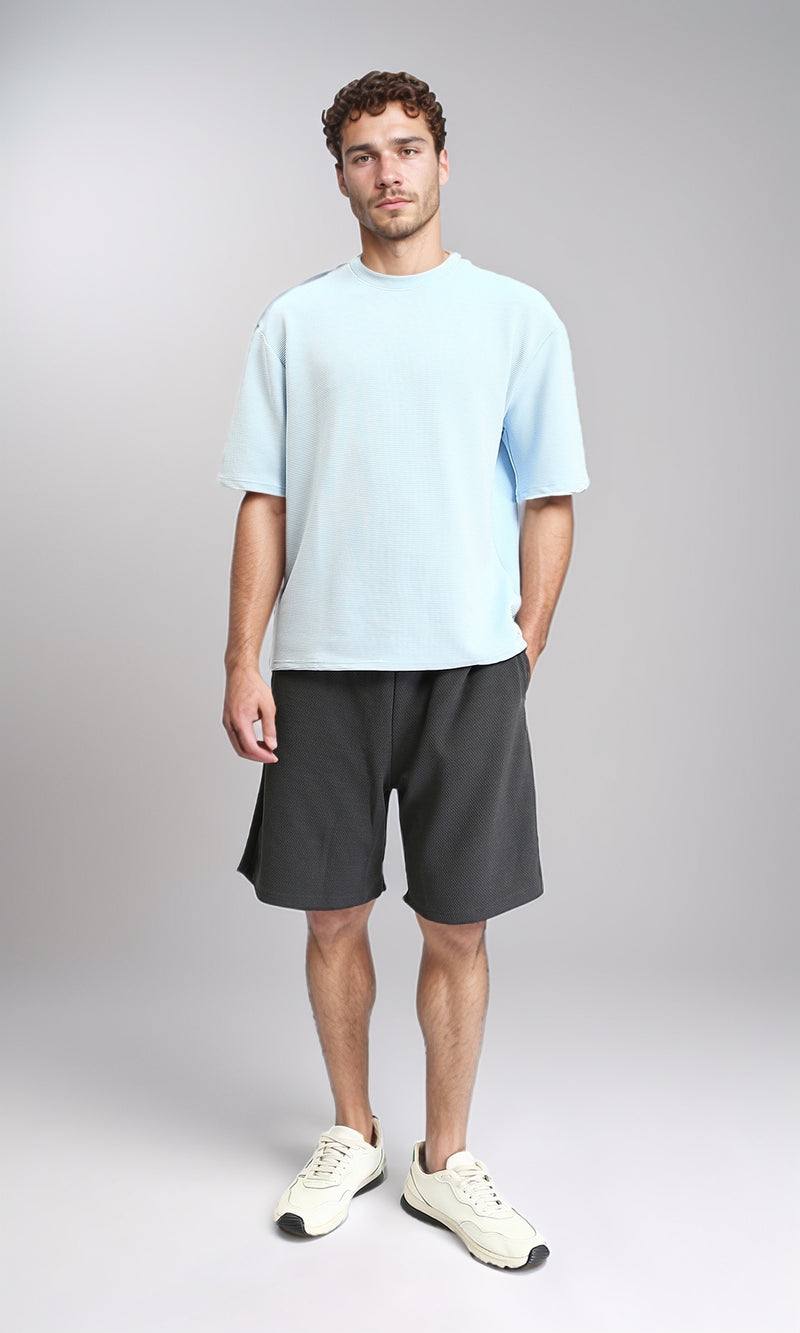 R207843 - Ribbed Round Neck Cotton Tee - Pastel Blue