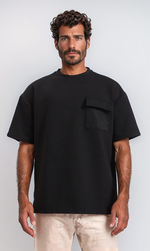 Slip On Loose Tee with Front Pocket - Black