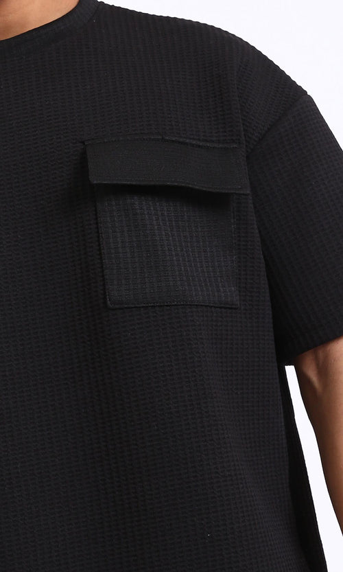 R207845-Slip On Loose Tee with Front Pocket - Black