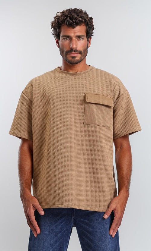Slip On Loose Tee with Front Pocket - Light Brown