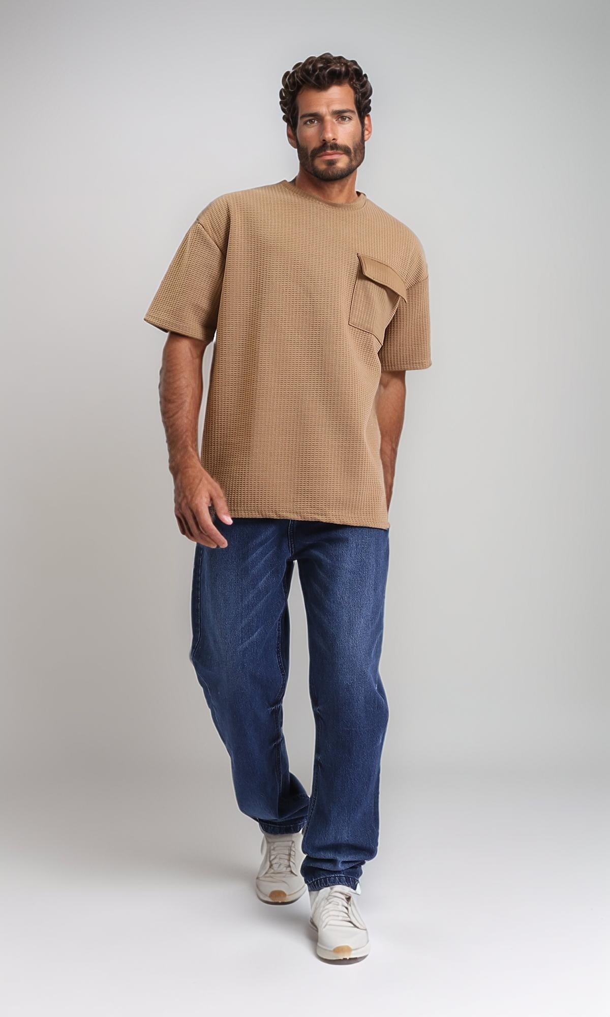 R207846-Slip On Loose Tee with Front Pocket - Light Brown
