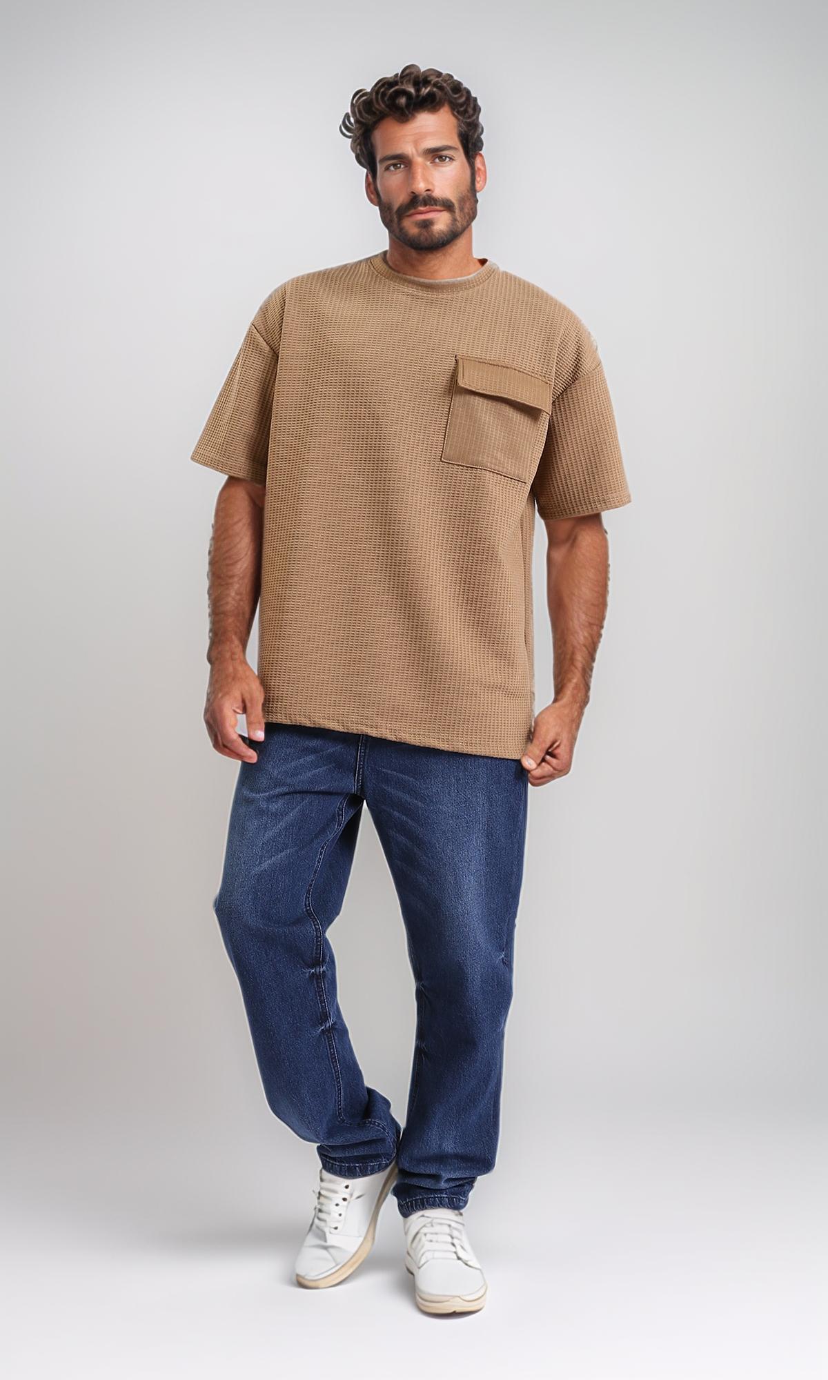 R207846-Slip On Loose Tee with Front Pocket - Light Brown