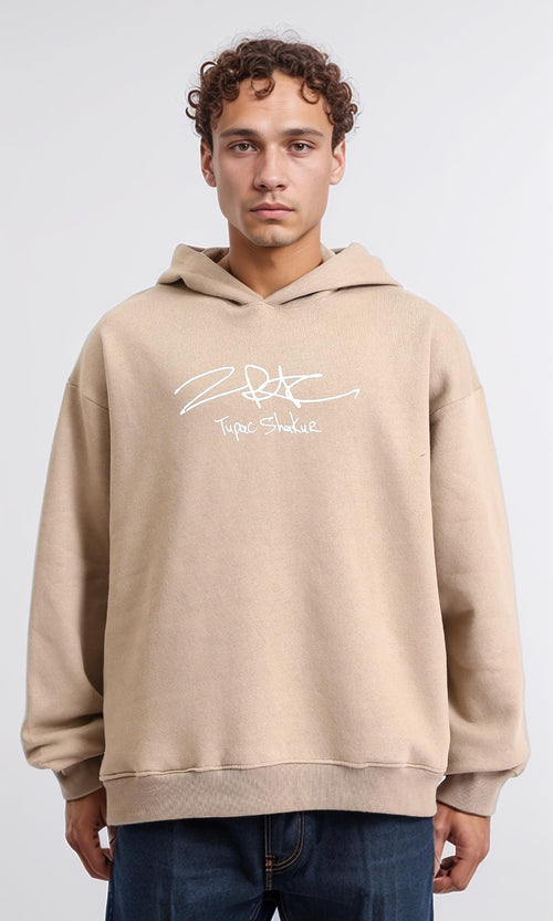 R207853 - Printed Slip On Casual Hoodie - Dark Beige
