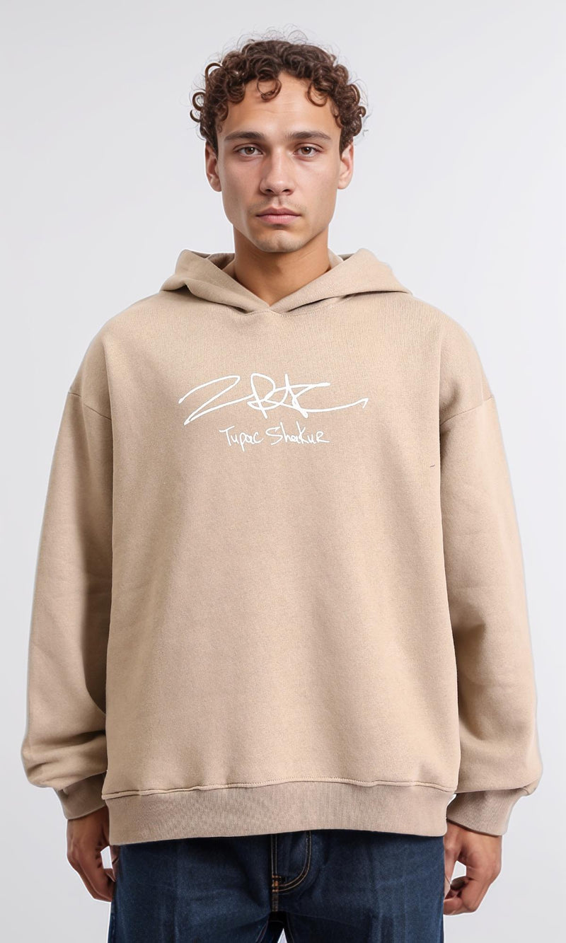 R207853 - Printed Slip On Casual Hoodie - Dark Beige