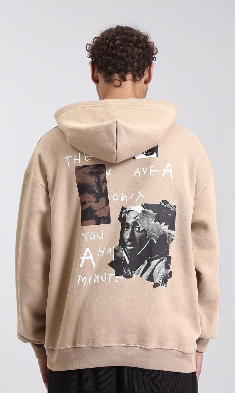 R207853 - Printed Slip On Casual Hoodie - Dark Beige