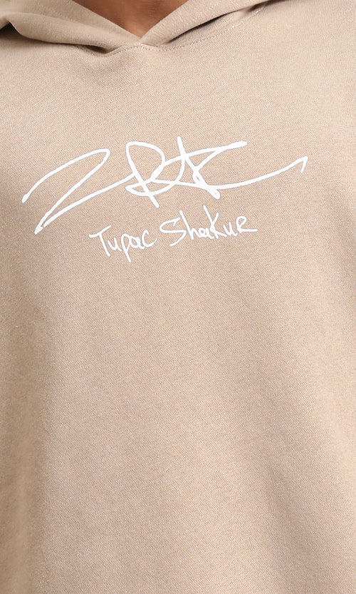 R207853 - Printed Slip On Casual Hoodie - Dark Beige