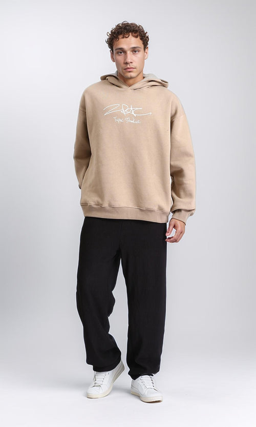 R207853 - Printed Slip On Casual Hoodie - Dark Beige