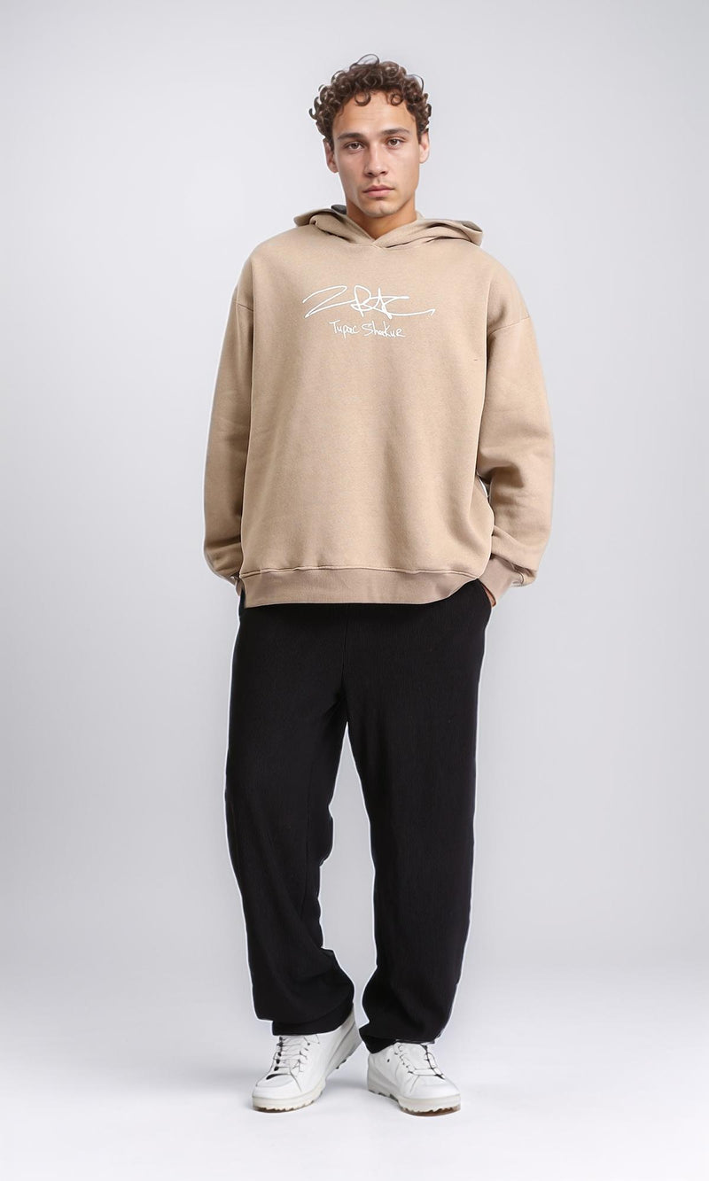 R207853 - Printed Slip On Casual Hoodie - Dark Beige