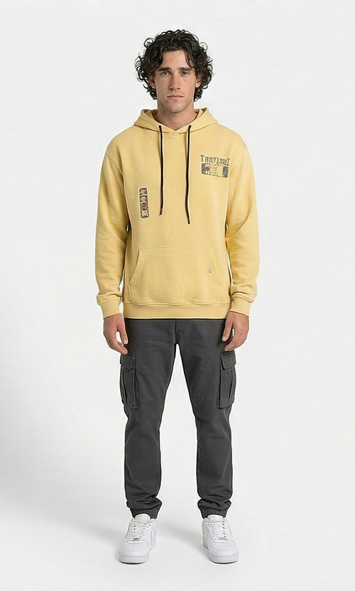 Graphic Print Tan Hoodie with Drawstring Detail