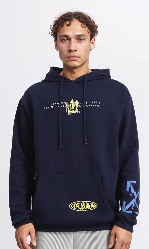 R207861 - Casual Hoodie with Front & Back Print - Navy Blue
