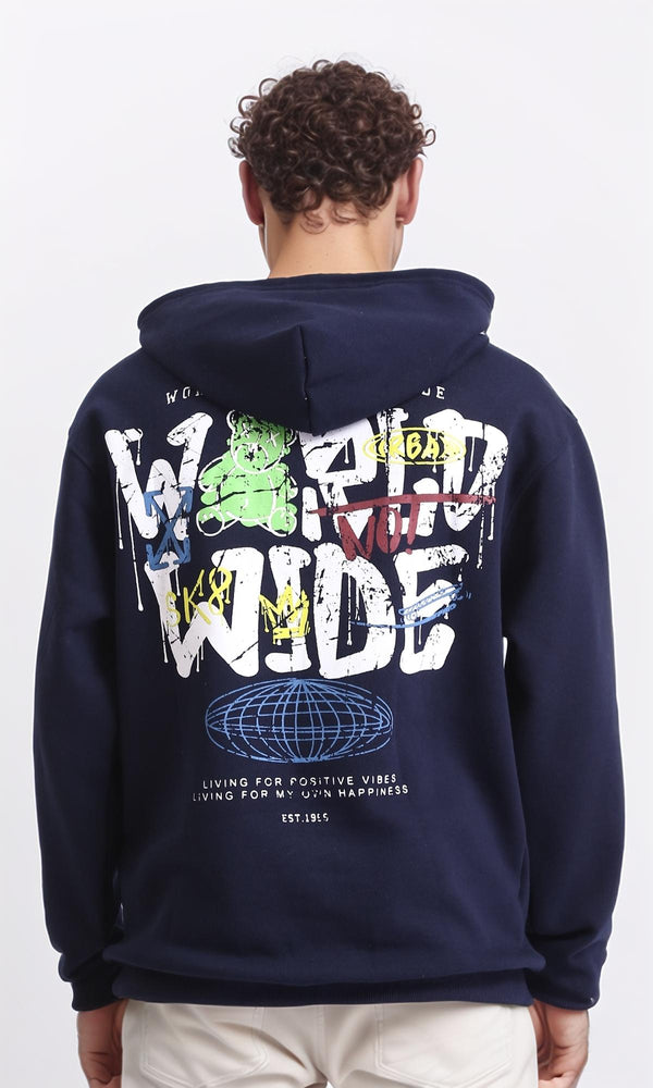 R207861 - Casual Hoodie with Front & Back Print - Navy Blue