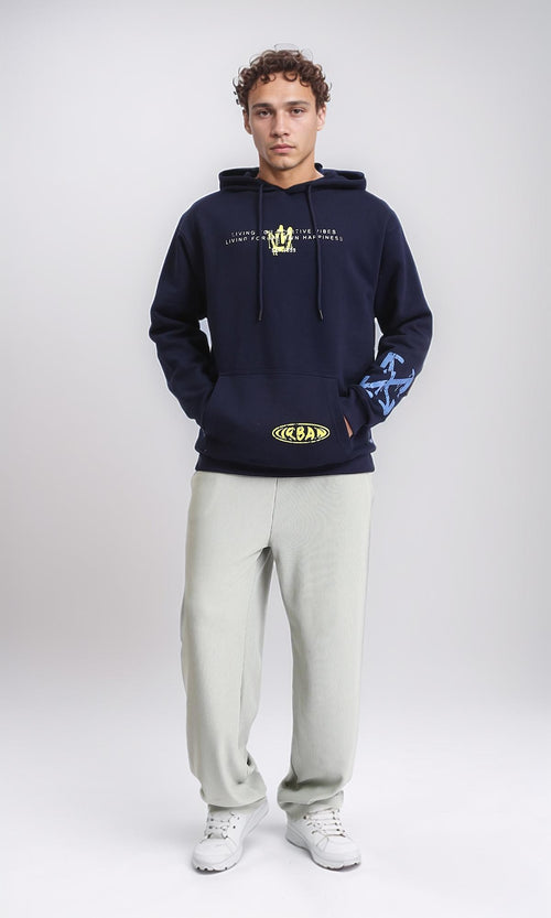 R207861 - Casual Hoodie with Front & Back Print - Navy Blue