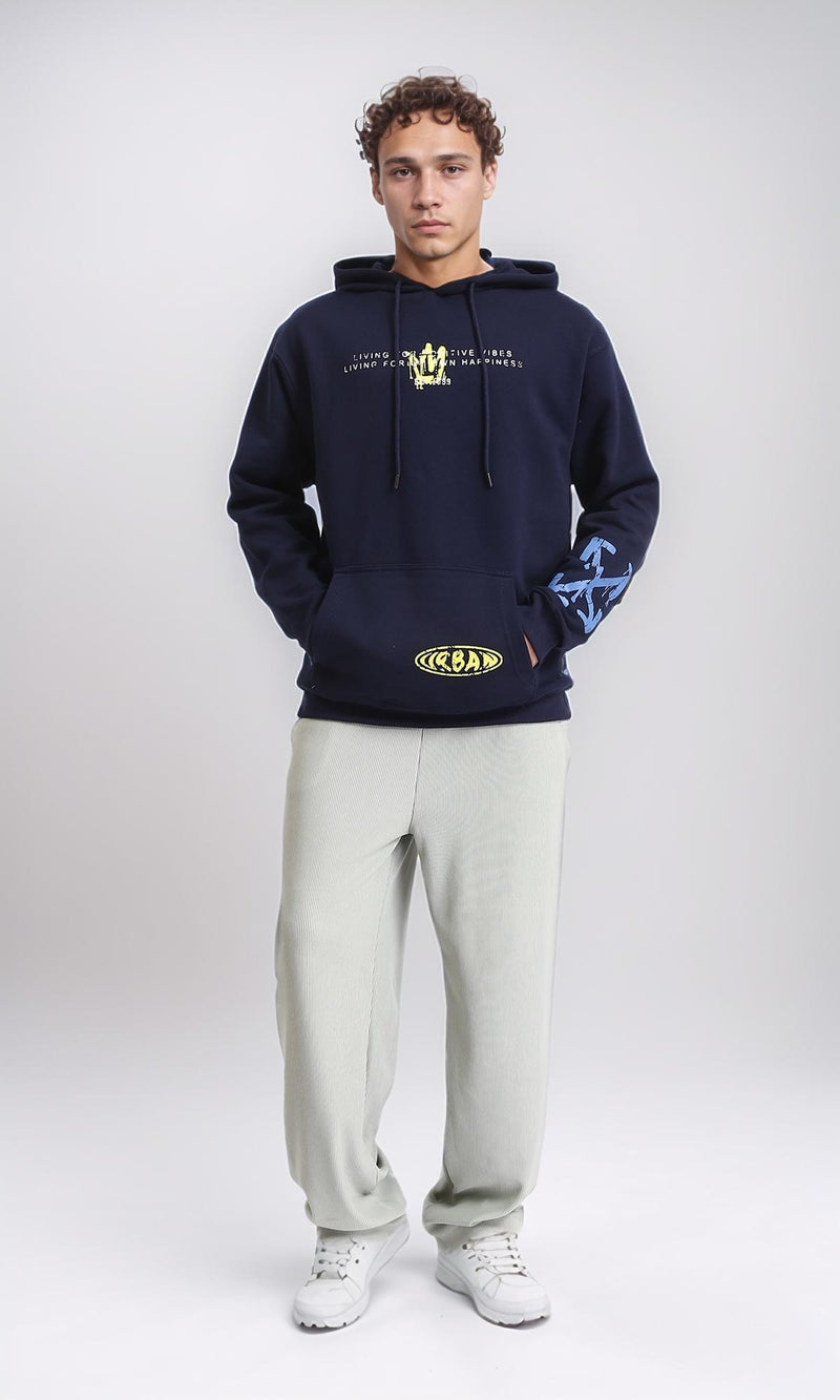 R207861 - Casual Hoodie with Front & Back Print - Navy Blue