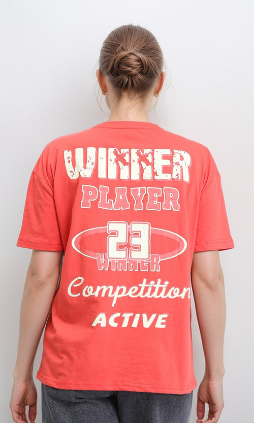 R207865 - Front & Back Print Short Sleeves Tee - Coral Red